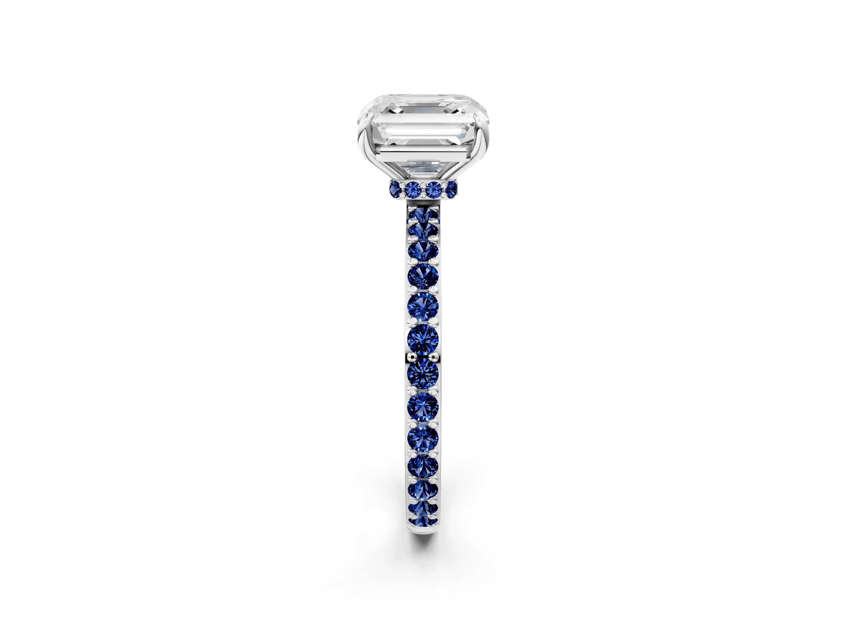 White gold Asscher Cut Diamond Pavé Engagement Ring with Round with Blue Sapphire side stone Accents and Prong Setting_2