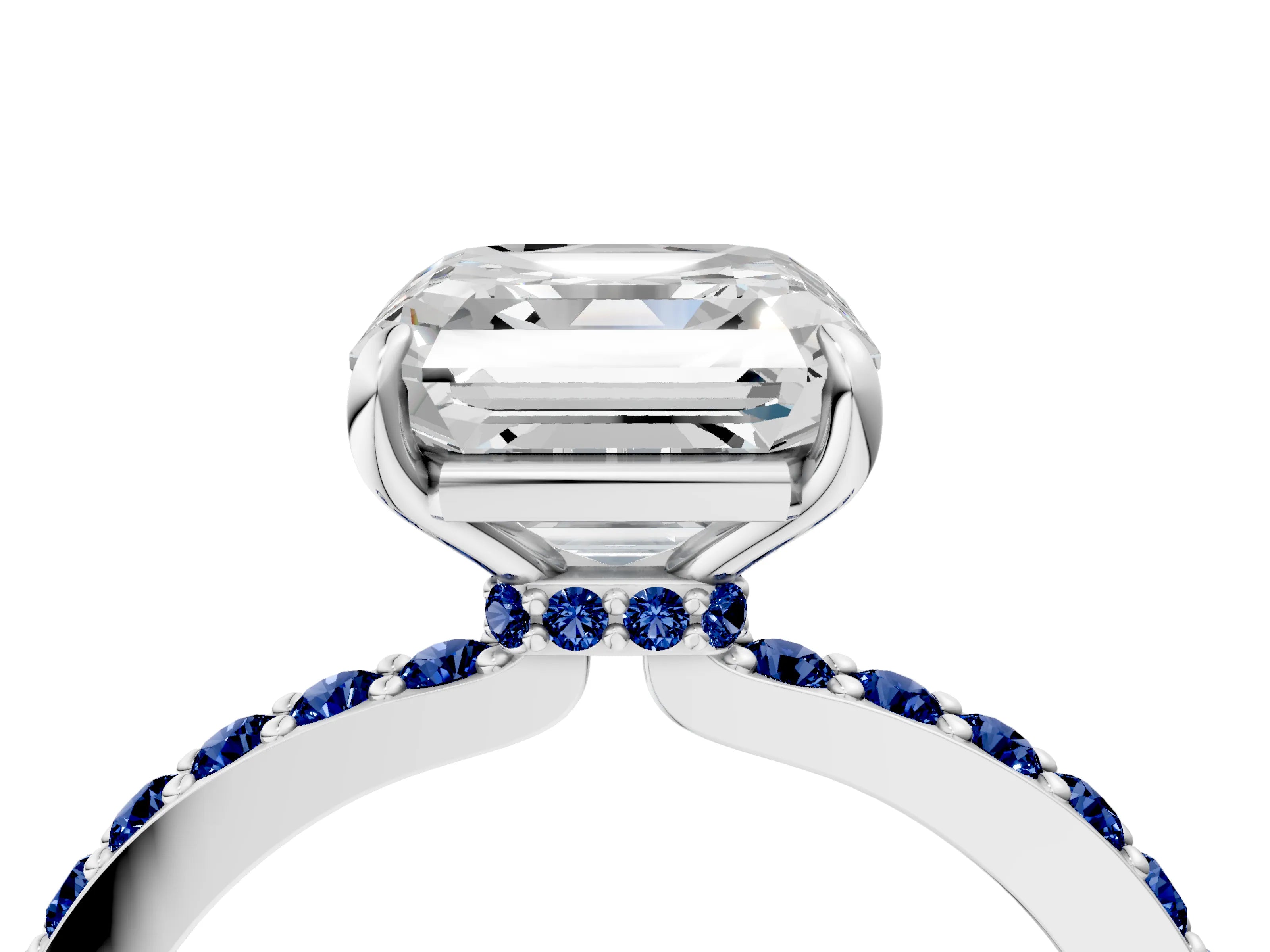 White gold Asscher Cut Diamond Pavé Engagement Ring with Round with Blue Sapphire side stone Accents and Prong Setting_4