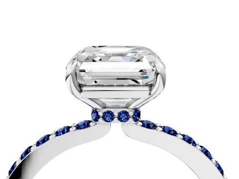 White gold Asscher Cut Diamond Pavé Engagement Ring with Round with Blue Sapphire side stone Accents and Prong Setting_4