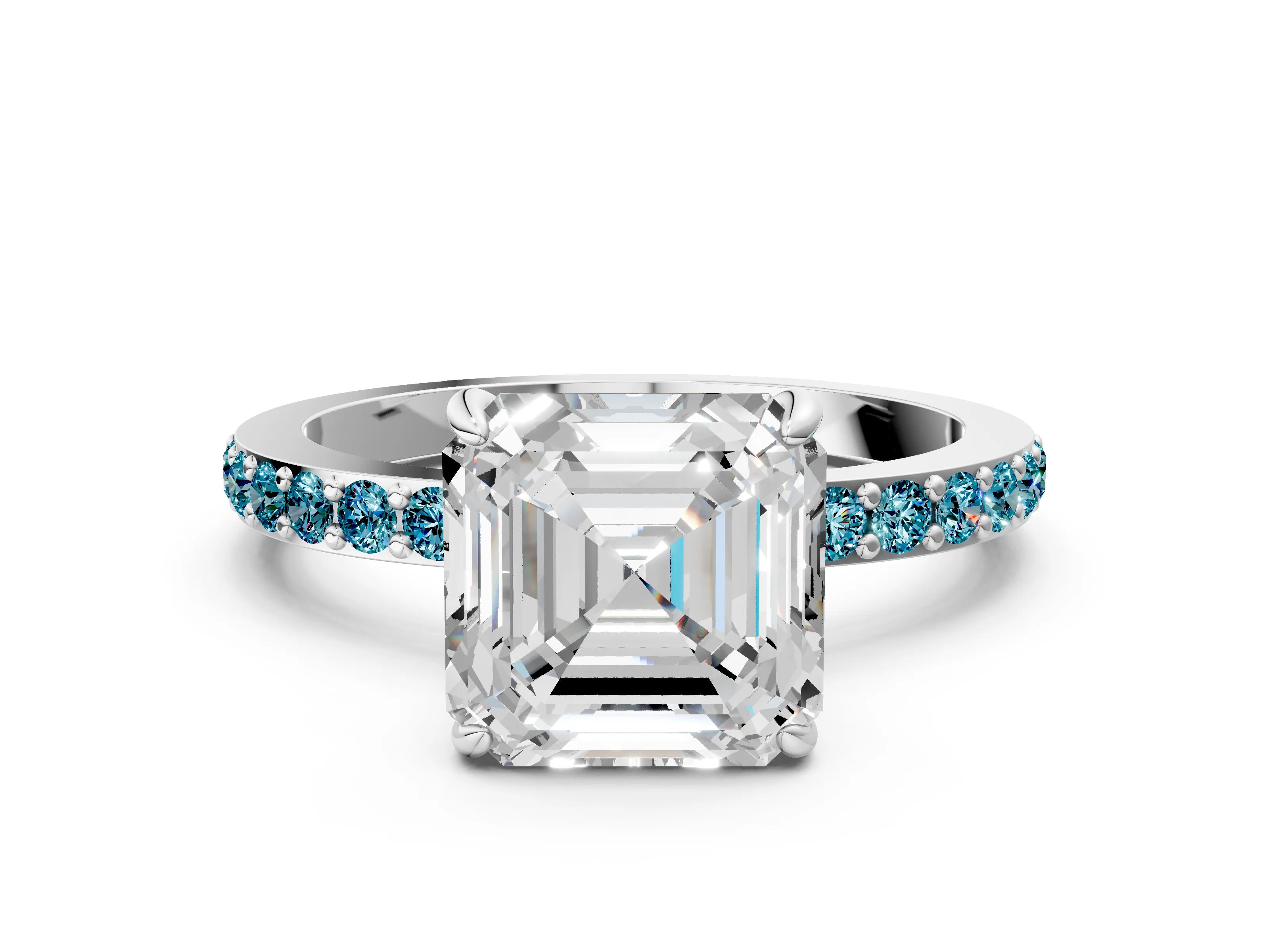 White gold Asscher Cut Diamond Pavé Engagement Ring with Round with Blue Topaz side stone Accents and Prong Setting