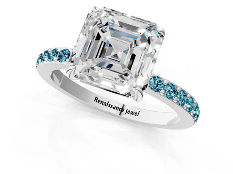 White gold Asscher Cut Diamond Pavé Engagement Ring with Round with Blue Topaz side stone Accents and Prong Setting_1