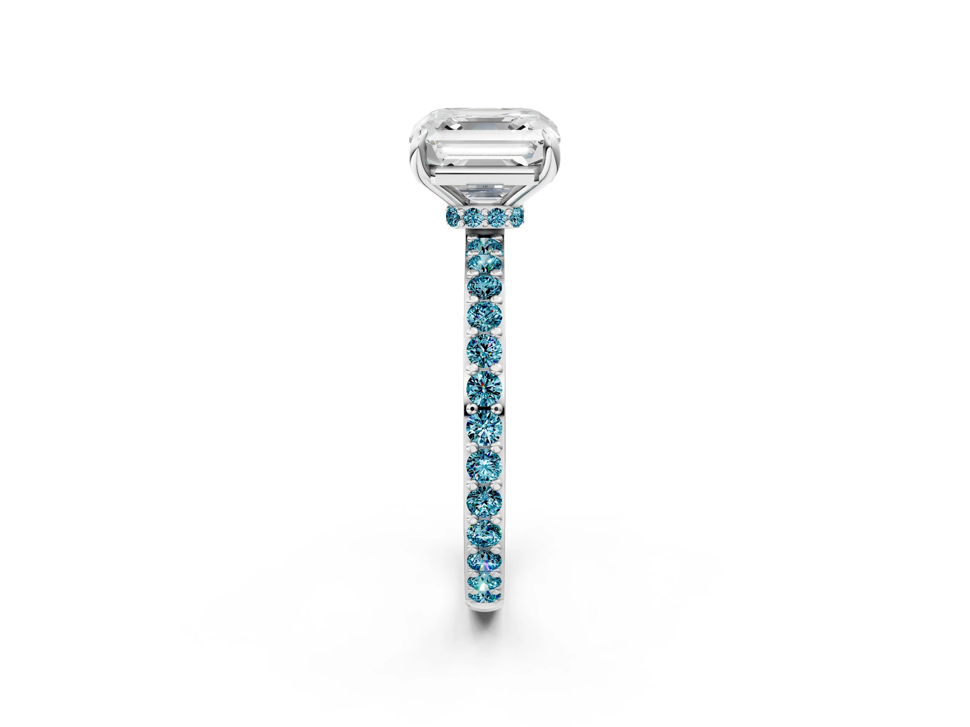 White gold Asscher Cut Diamond Pavé Engagement Ring with Round with Blue Topaz side stone Accents and Prong Setting_2