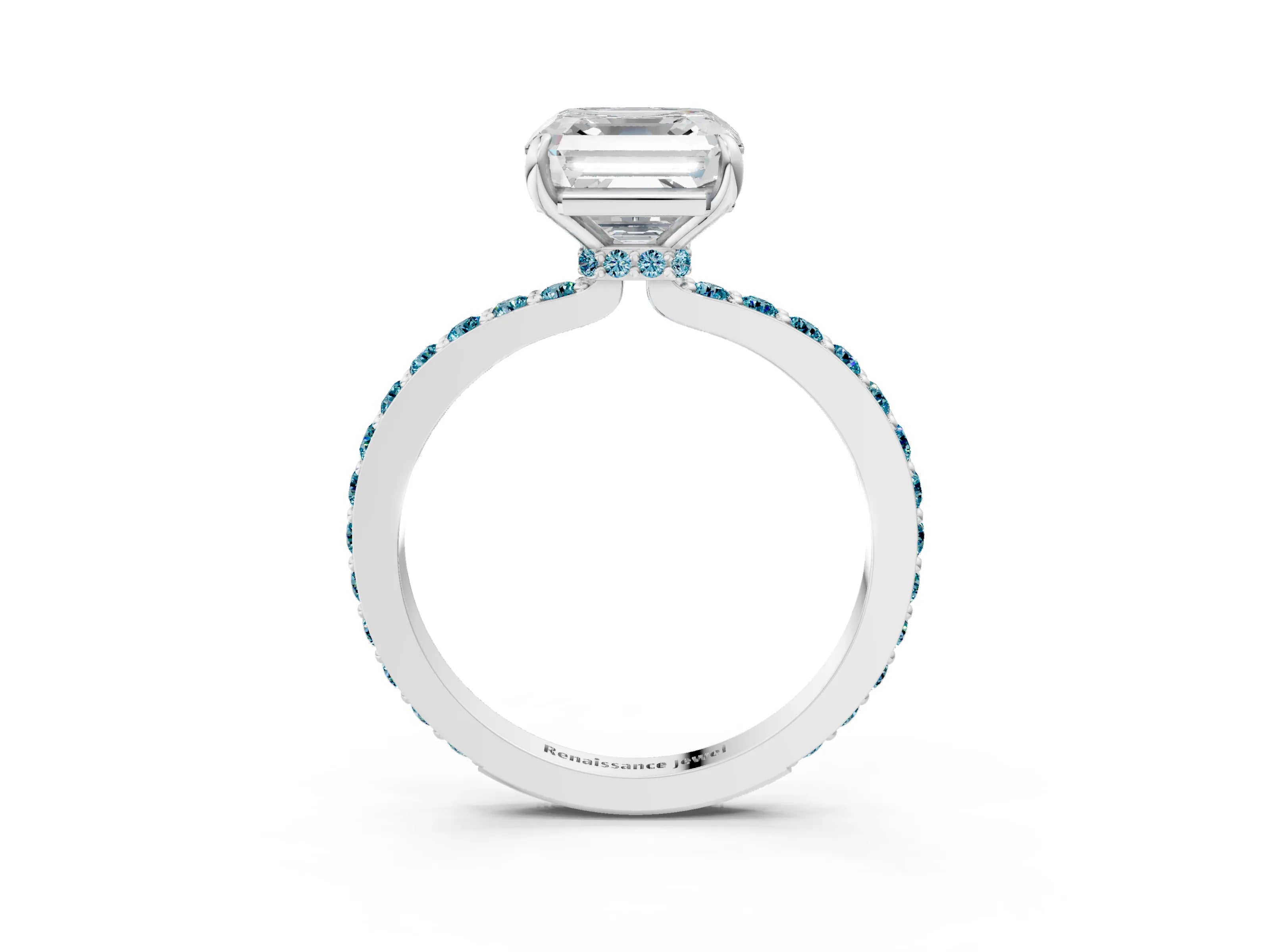 White gold Asscher Cut Diamond Pavé Engagement Ring with Round with Blue Topaz side stone Accents and Prong Setting_3