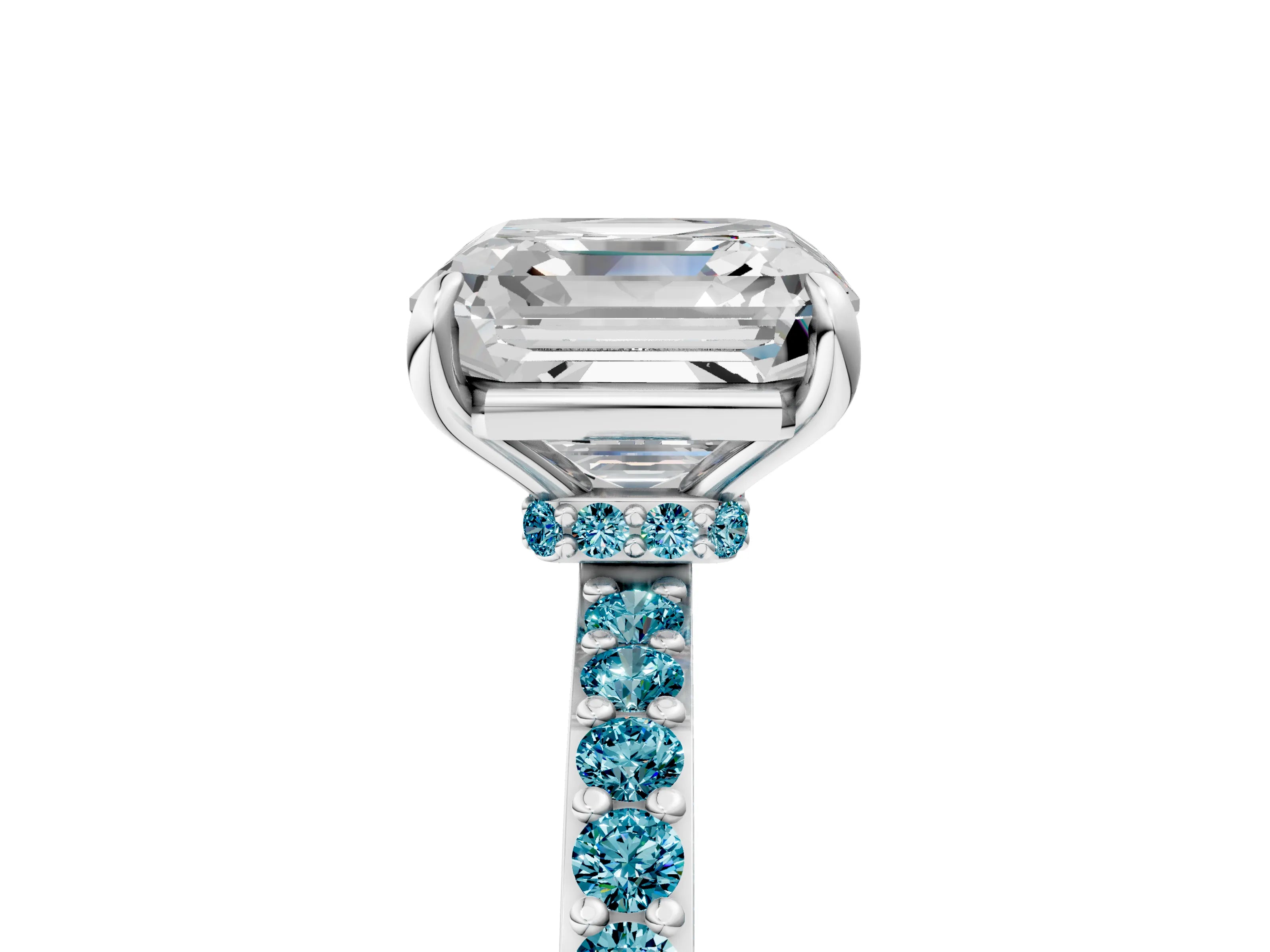 White gold Asscher Cut Diamond Pavé Engagement Ring with Round with Blue Topaz side stone Accents and Prong Setting_5