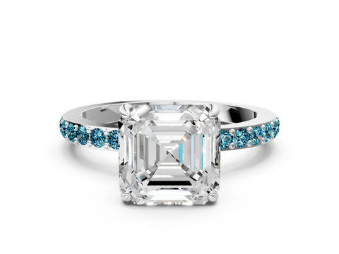 White gold Asscher Cut Diamond Pavé Engagement Ring with Round with Blue Topaz side stone Accents and Prong Setting