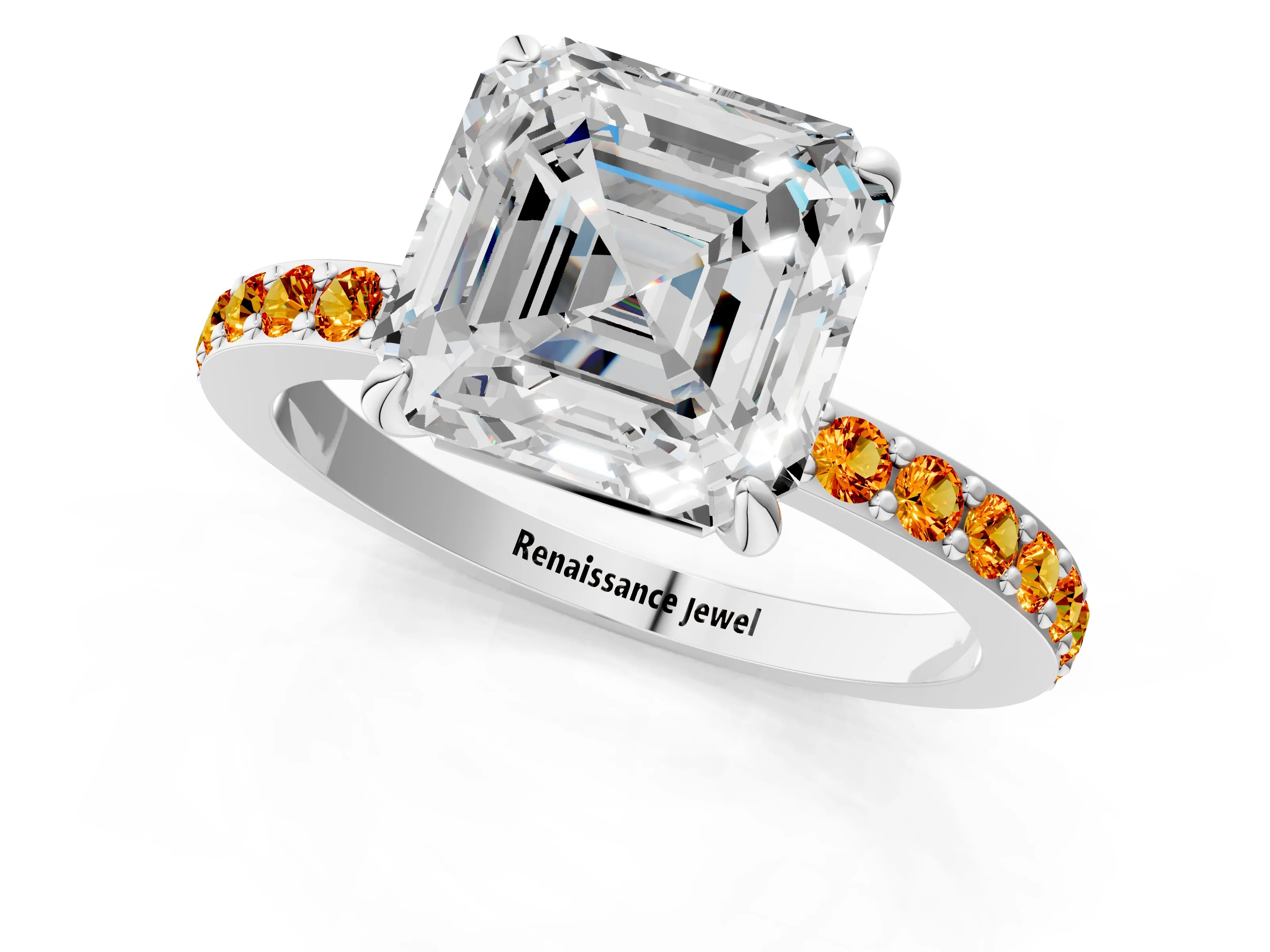 White gold Asscher Cut Diamond Pavé Engagement Ring with Round with Citrine side stone Accents and Prong Setting_13