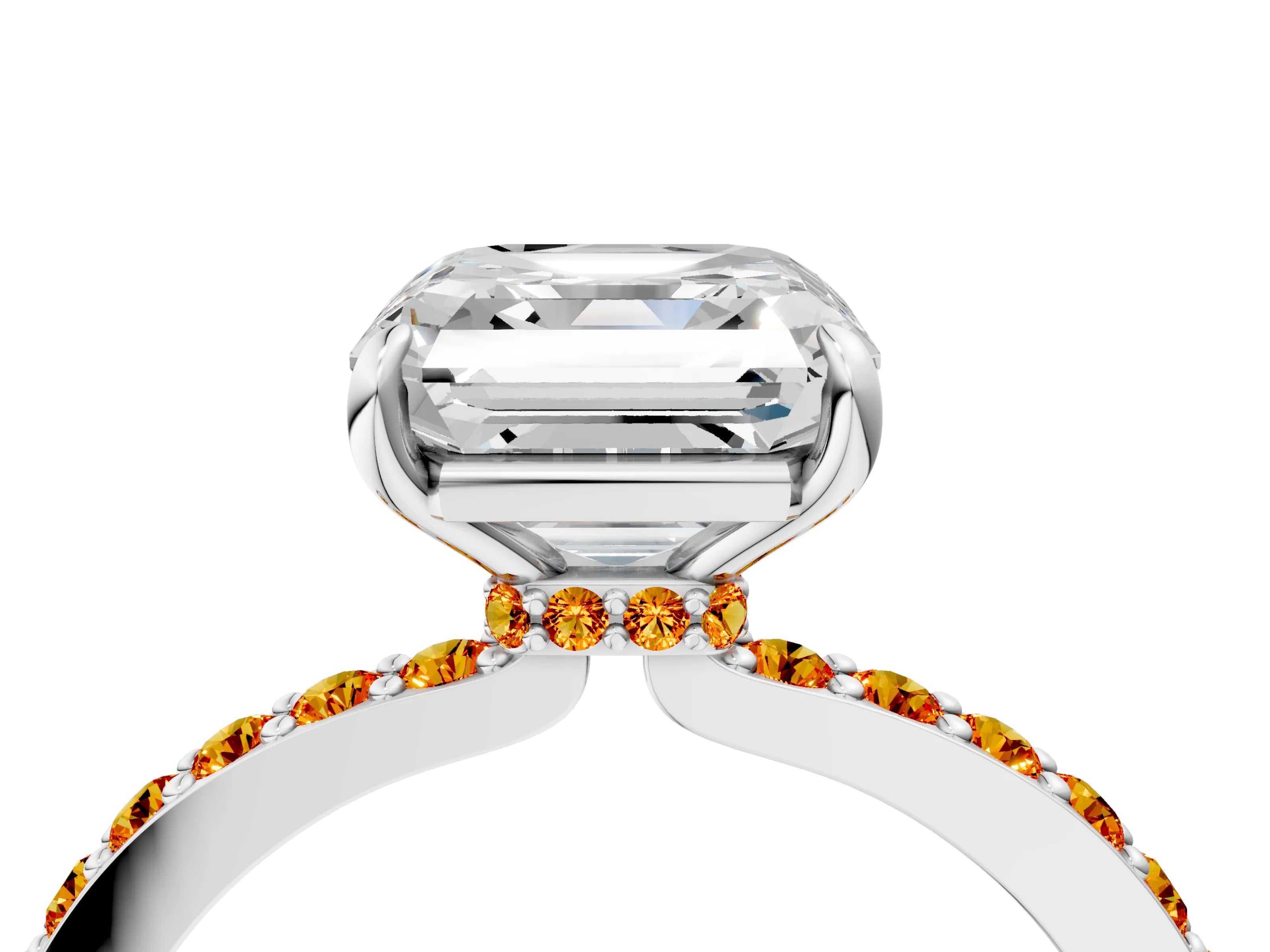 White gold Asscher Cut Diamond Pavé Engagement Ring with Round with Citrine side stone Accents and Prong Setting_16