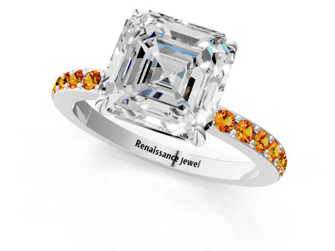 White gold Asscher Cut Diamond Pavé Engagement Ring with Round with Citrine side stone Accents and Prong Setting_1