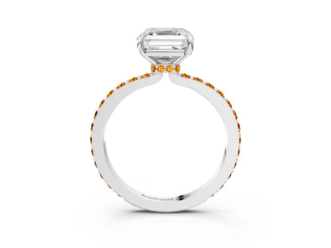 White gold Asscher Cut Diamond Pavé Engagement Ring with Round with Citrine side stone Accents and Prong Setting_3