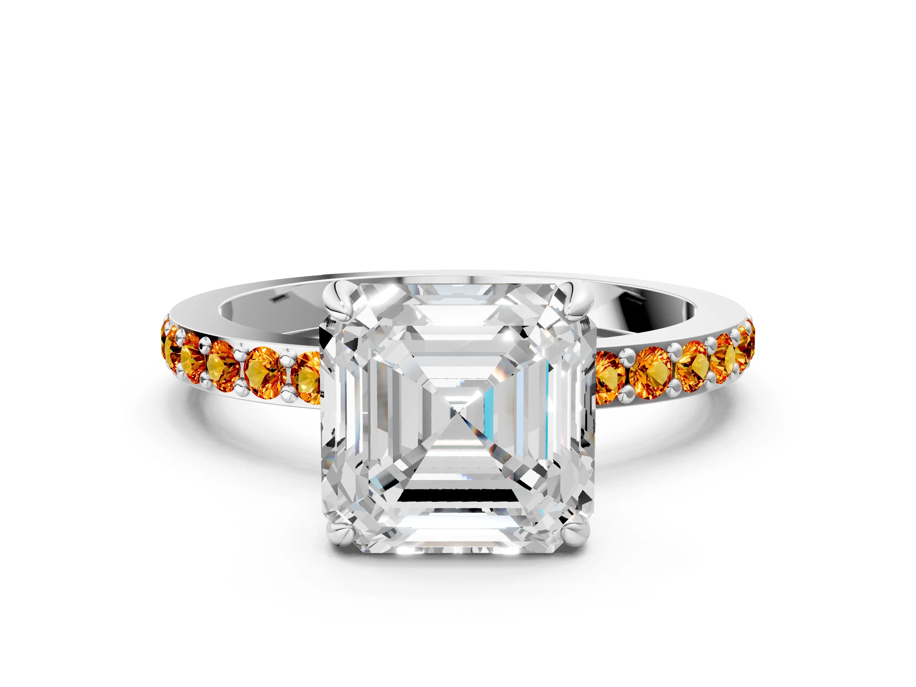 White gold Asscher Cut Diamond Pavé Engagement Ring with Round with Citrine side stone Accents and Prong Setting