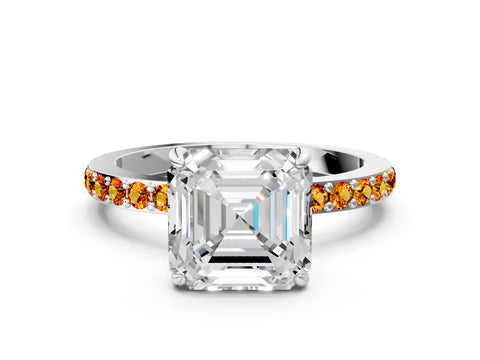 White gold Asscher Cut Diamond Pavé Engagement Ring with Round with Citrine side stone Accents and Prong Setting