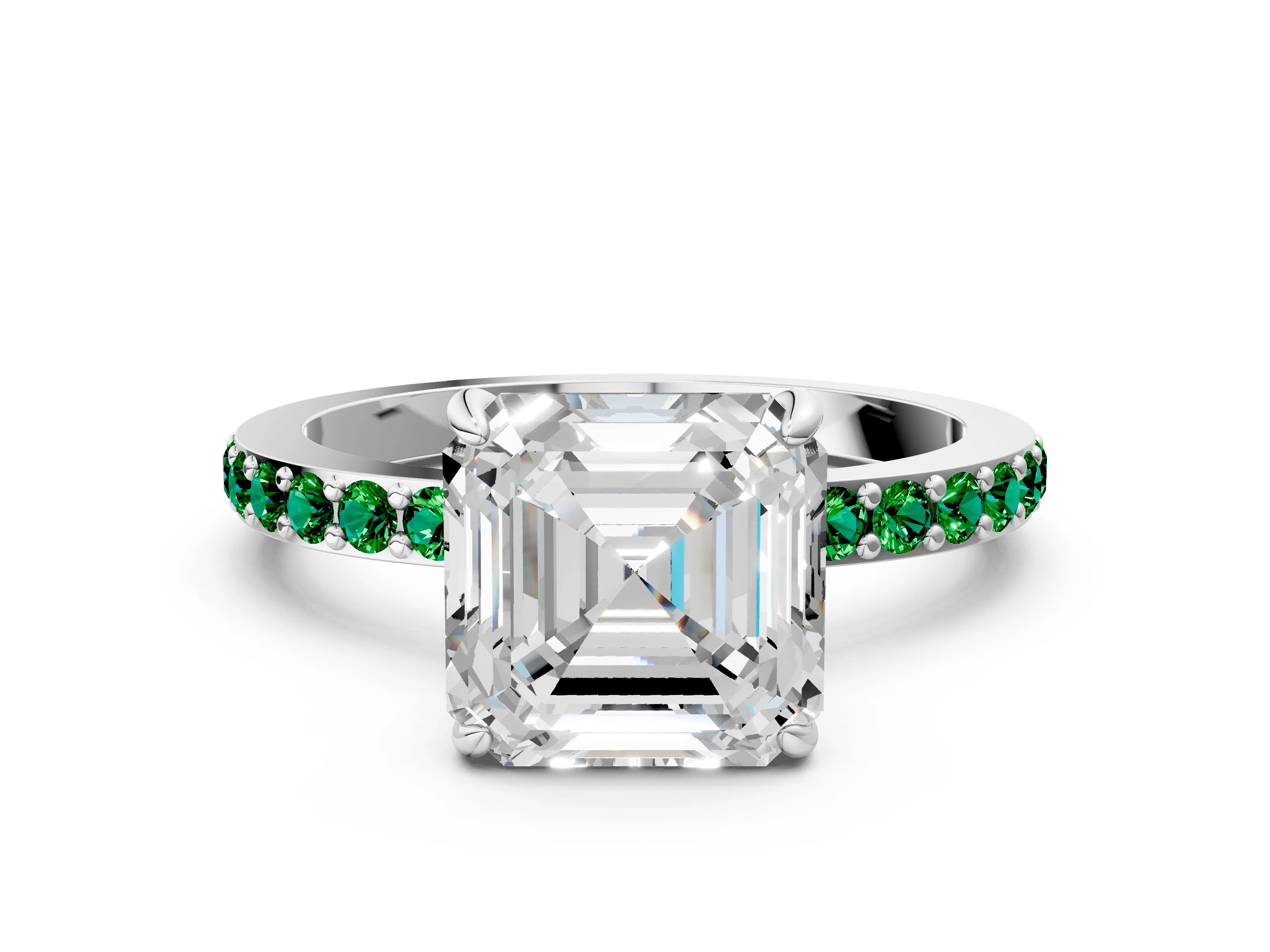 White gold Asscher Cut Diamond Pavé Engagement Ring with Round with Emerald side stone Accents and Prong Setting_12