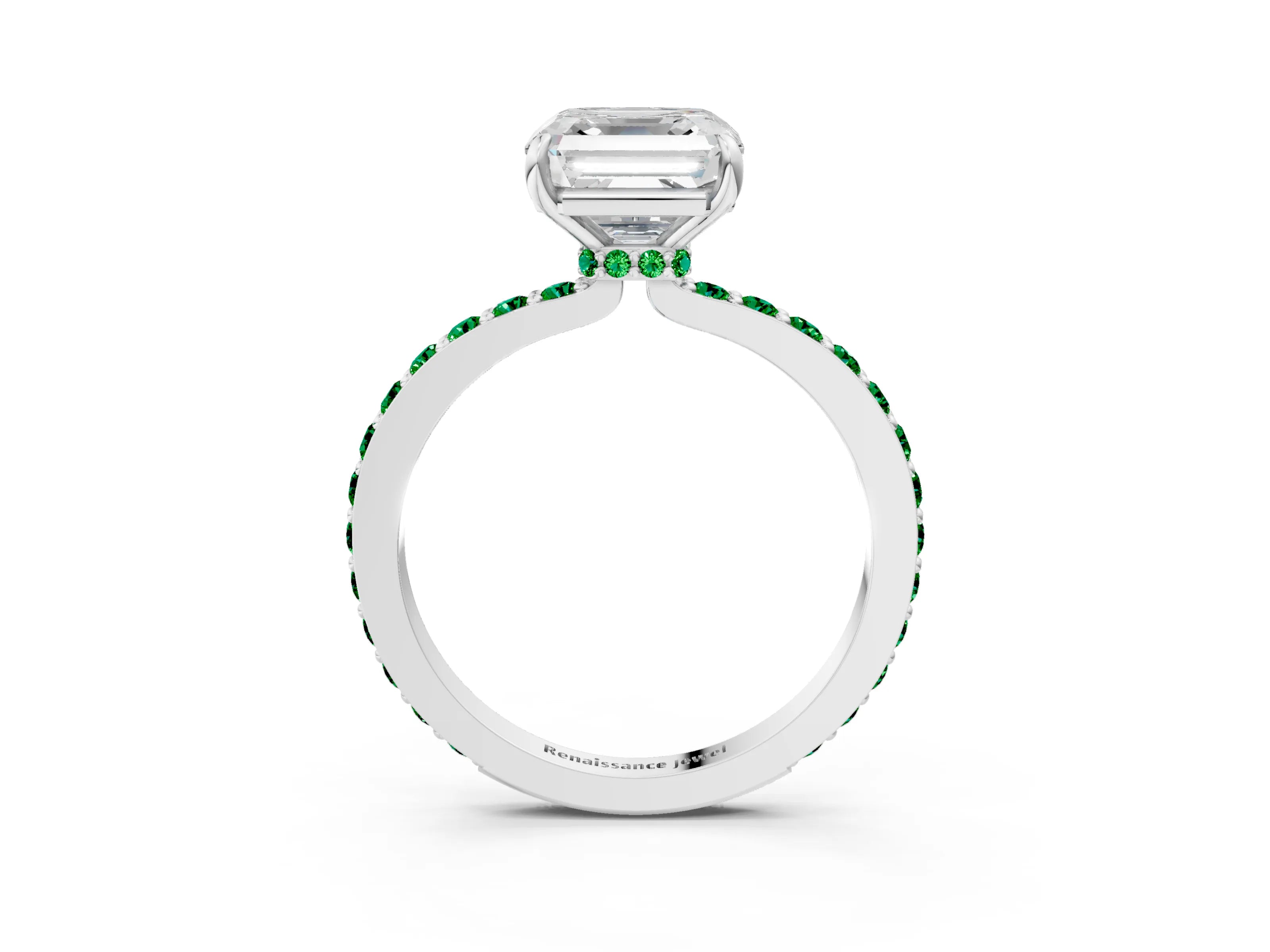 White gold Asscher Cut Diamond Pavé Engagement Ring with Round with Emerald side stone Accents and Prong Setting_15