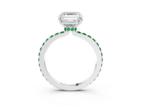 White gold Asscher Cut Diamond Pavé Engagement Ring with Round with Emerald side stone Accents and Prong Setting_15