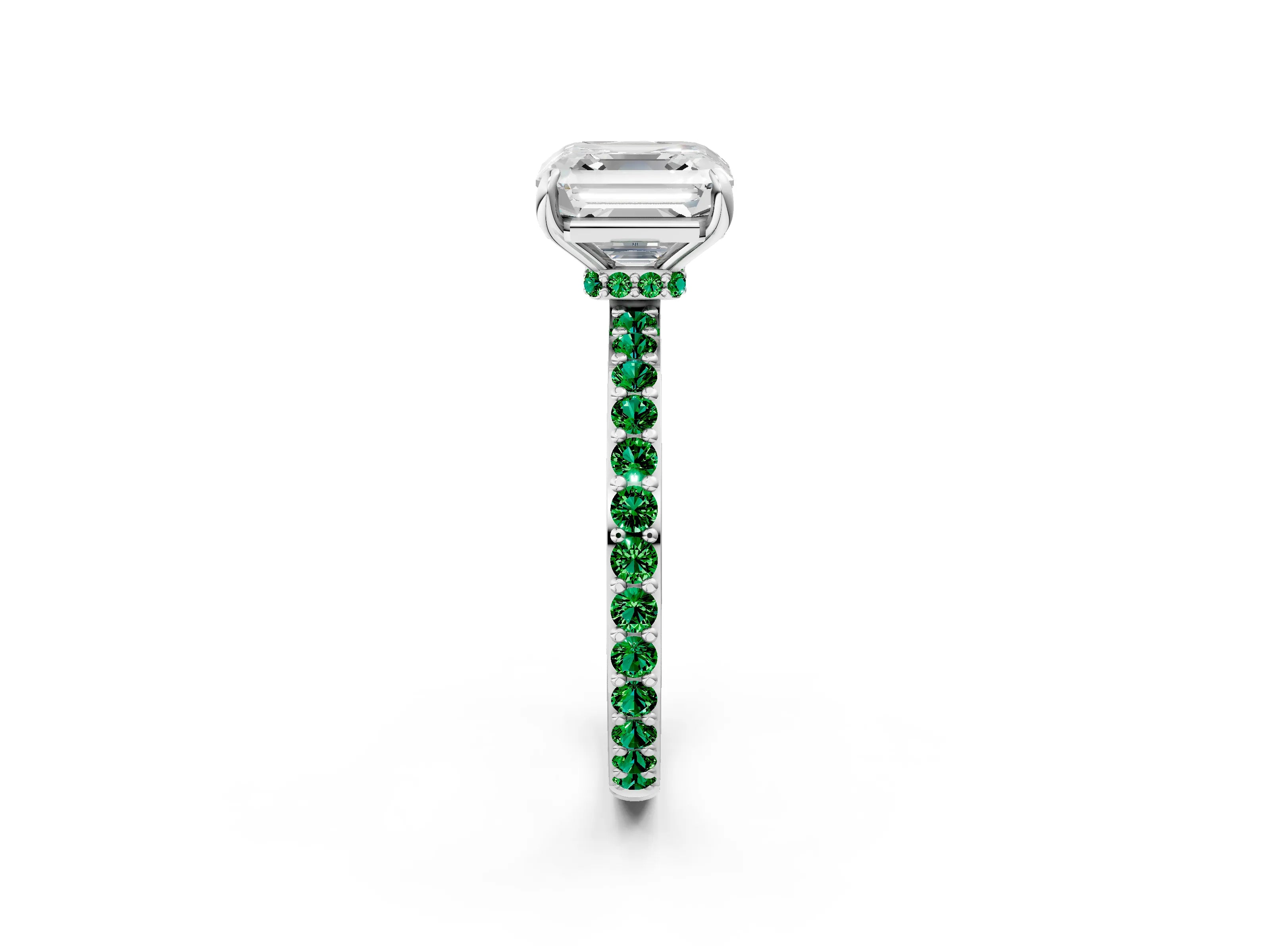 White gold Asscher Cut Diamond Pavé Engagement Ring with Round with Emerald side stone Accents and Prong Setting_2