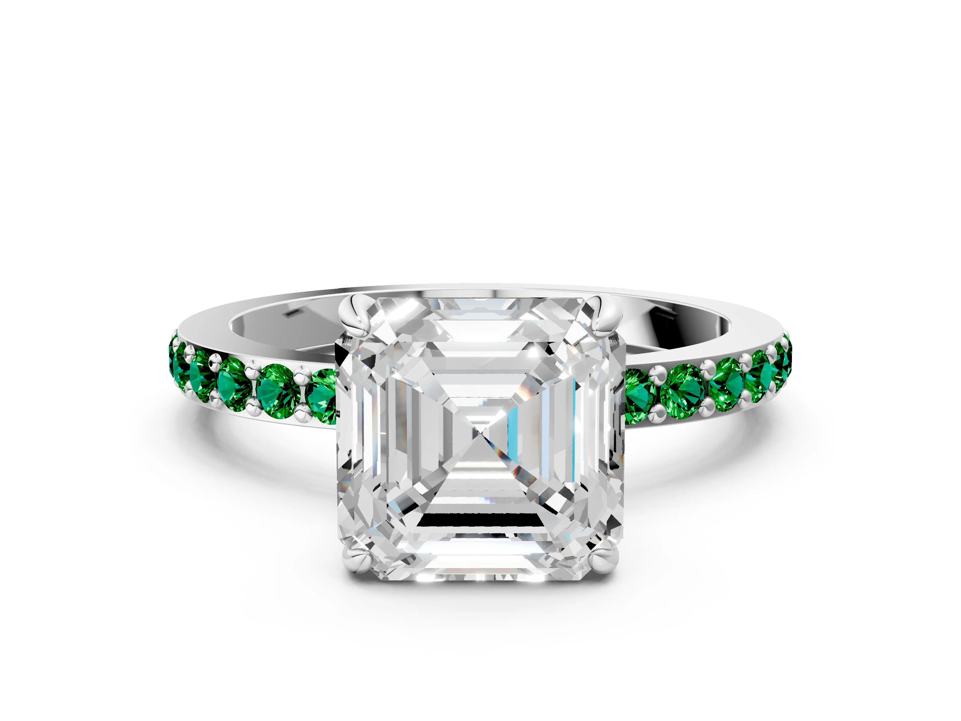 White gold Asscher Cut Diamond Pavé Engagement Ring with Round with Emerald side stone Accents and Prong Setting_24