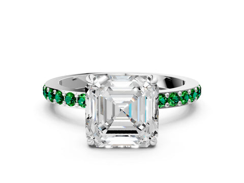 White gold Asscher Cut Diamond Pavé Engagement Ring with Round with Emerald side stone Accents and Prong Setting_24