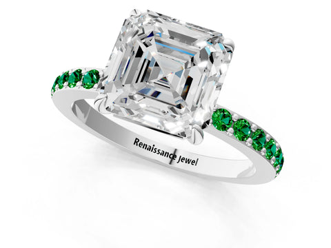 White gold Asscher Cut Diamond Pavé Engagement Ring with Round with Emerald side stone Accents and Prong Setting_25