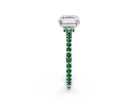 White gold Asscher Cut Diamond Pavé Engagement Ring with Round with Emerald side stone Accents and Prong Setting_26