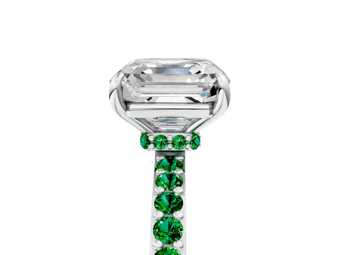 White gold Asscher Cut Diamond Pavé Engagement Ring with Round with Emerald side stone Accents and Prong Setting_29