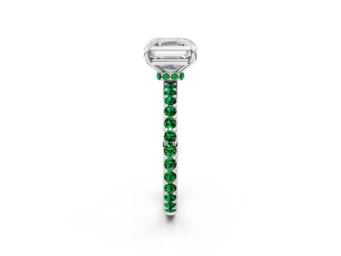 White gold Asscher Cut Diamond Pavé Engagement Ring with Round with Emerald side stone Accents and Prong Setting_2