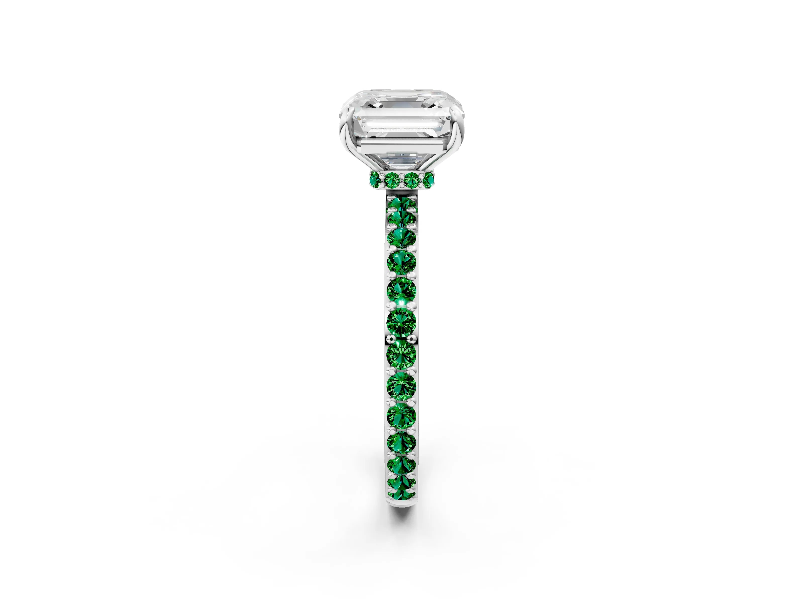White gold Asscher Cut Diamond Pavé Engagement Ring with Round with Emerald side stone Accents and Prong Setting_38