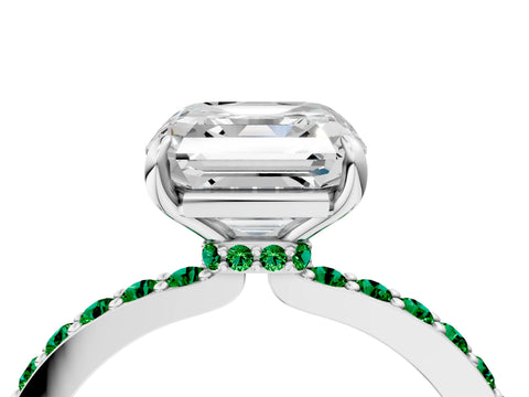 White gold Asscher Cut Diamond Pavé Engagement Ring with Round with Emerald side stone Accents and Prong Setting_4