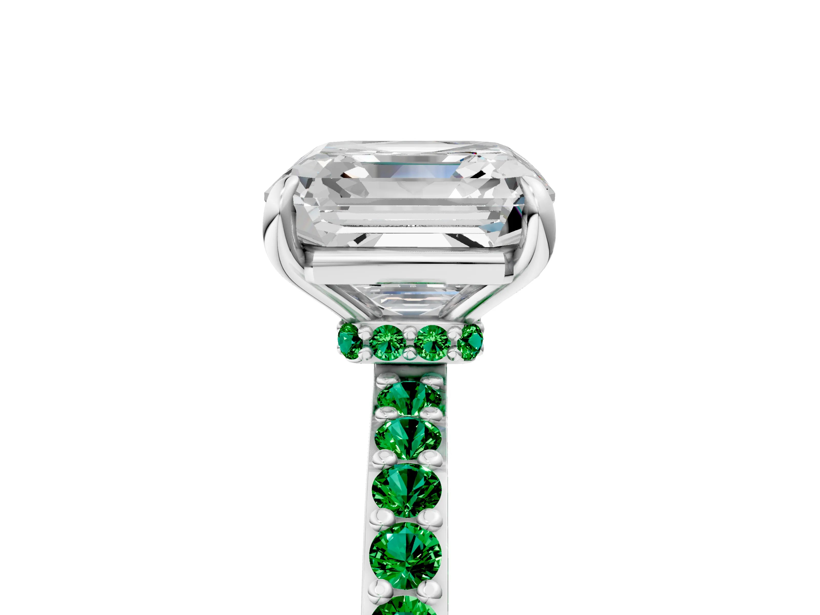 White gold Asscher Cut Diamond Pavé Engagement Ring with Round with Emerald side stone Accents and Prong Setting_5