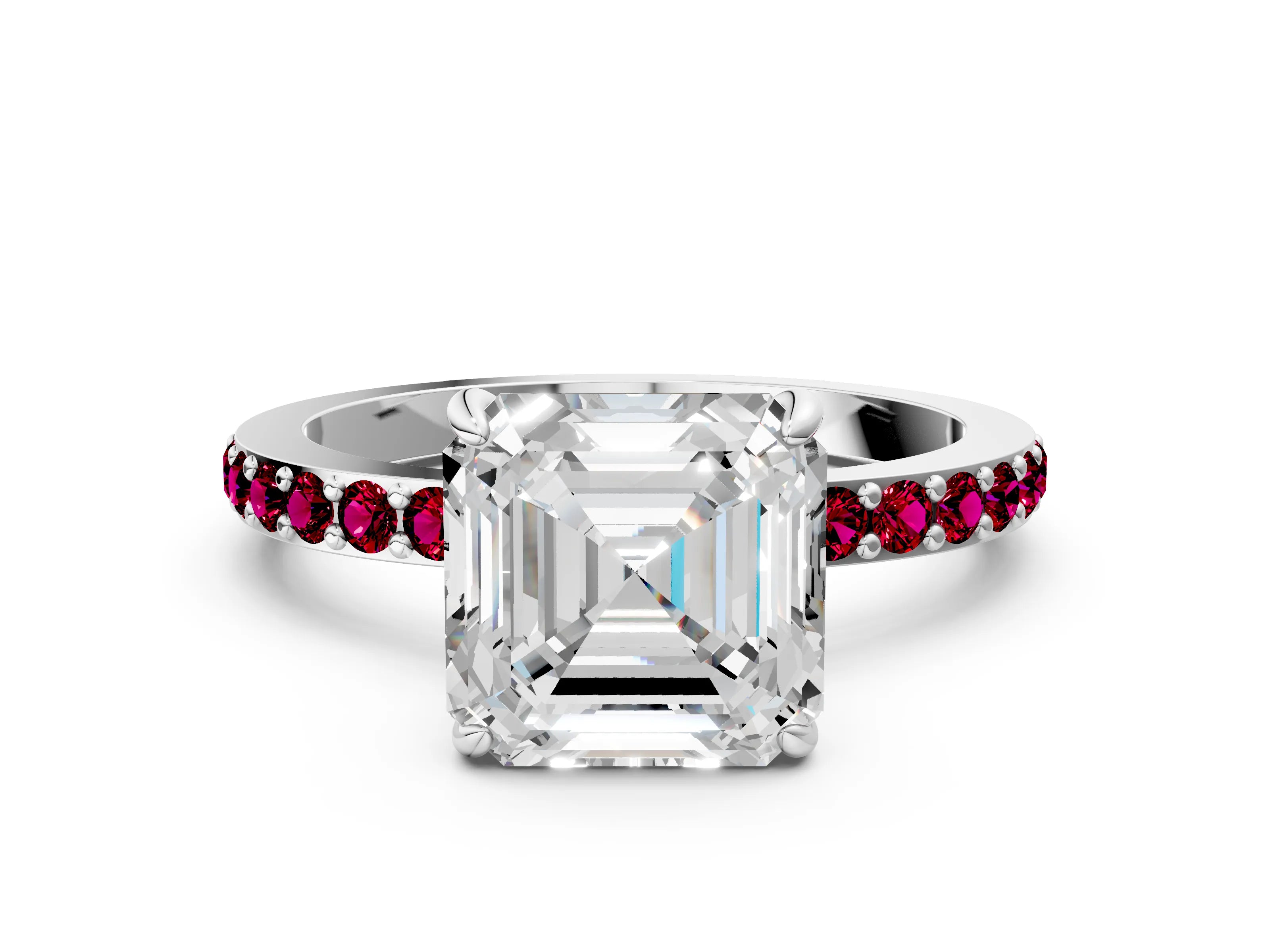 White gold Asscher Cut Diamond Pavé Engagement Ring with Round with Garnet side stone Accents and Prong Setting
