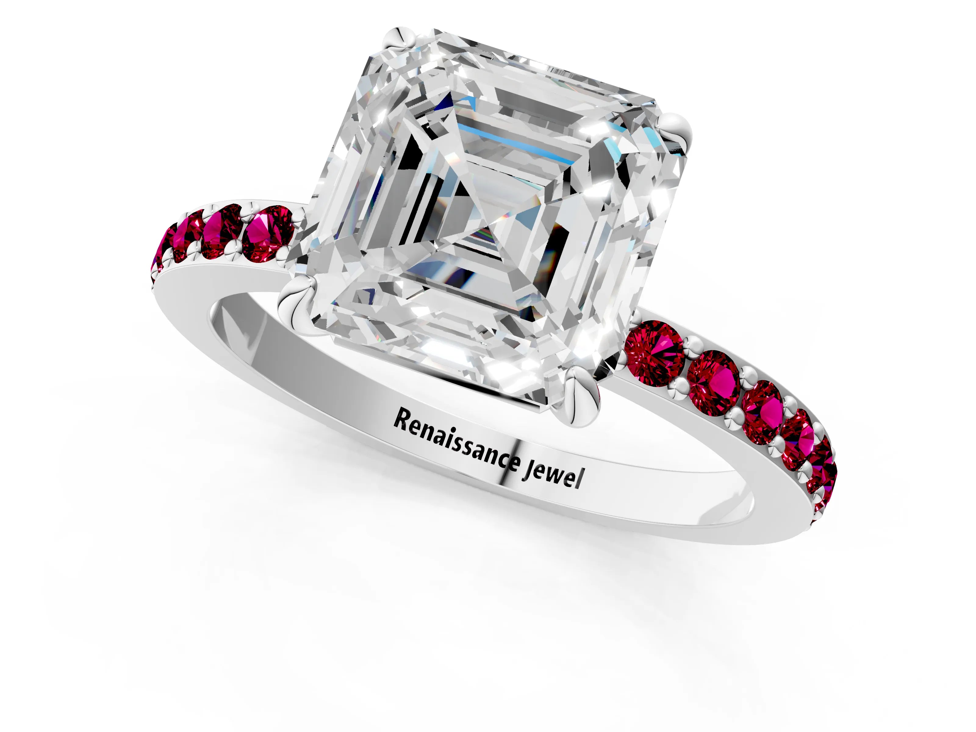 White gold Asscher Cut Diamond Pavé Engagement Ring with Round with Garnet side stone Accents and Prong Setting_13