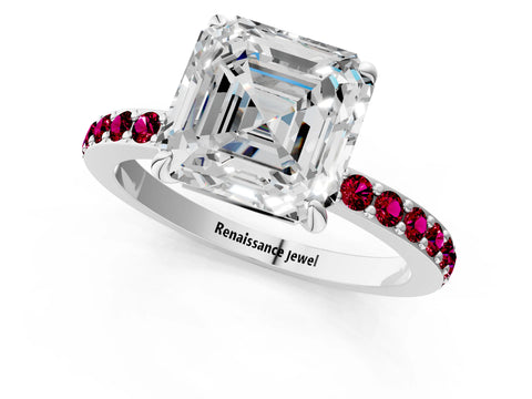 White gold Asscher Cut Diamond Pavé Engagement Ring with Round with Garnet side stone Accents and Prong Setting_13