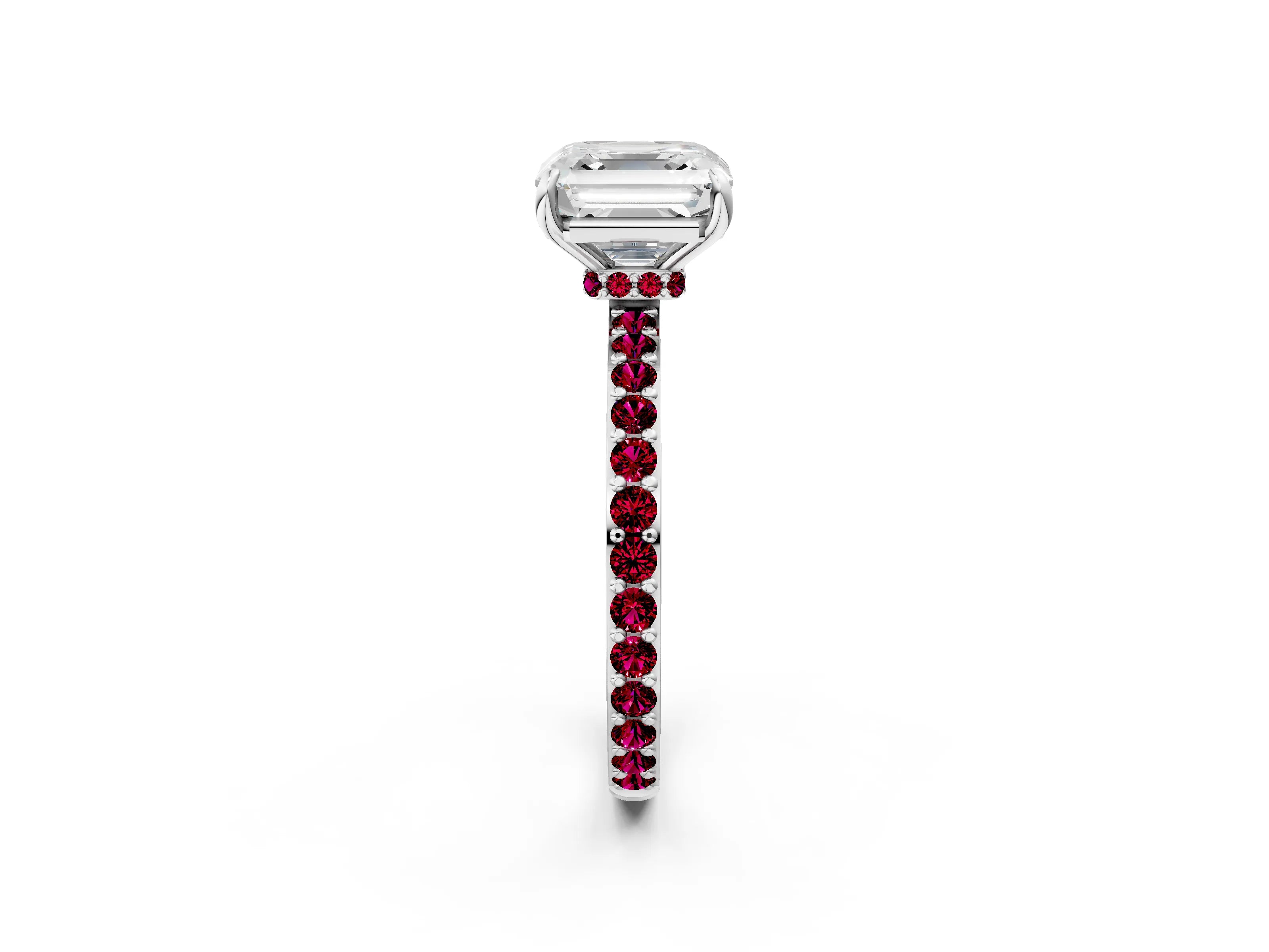 White gold Asscher Cut Diamond Pavé Engagement Ring with Round with Garnet side stone Accents and Prong Setting_14