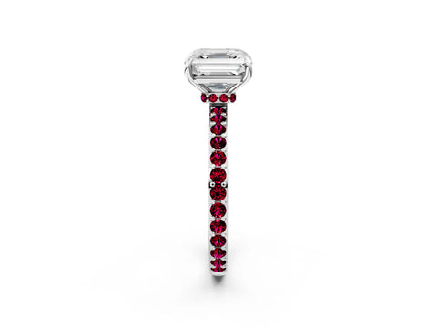 White gold Asscher Cut Diamond Pavé Engagement Ring with Round with Garnet side stone Accents and Prong Setting_14