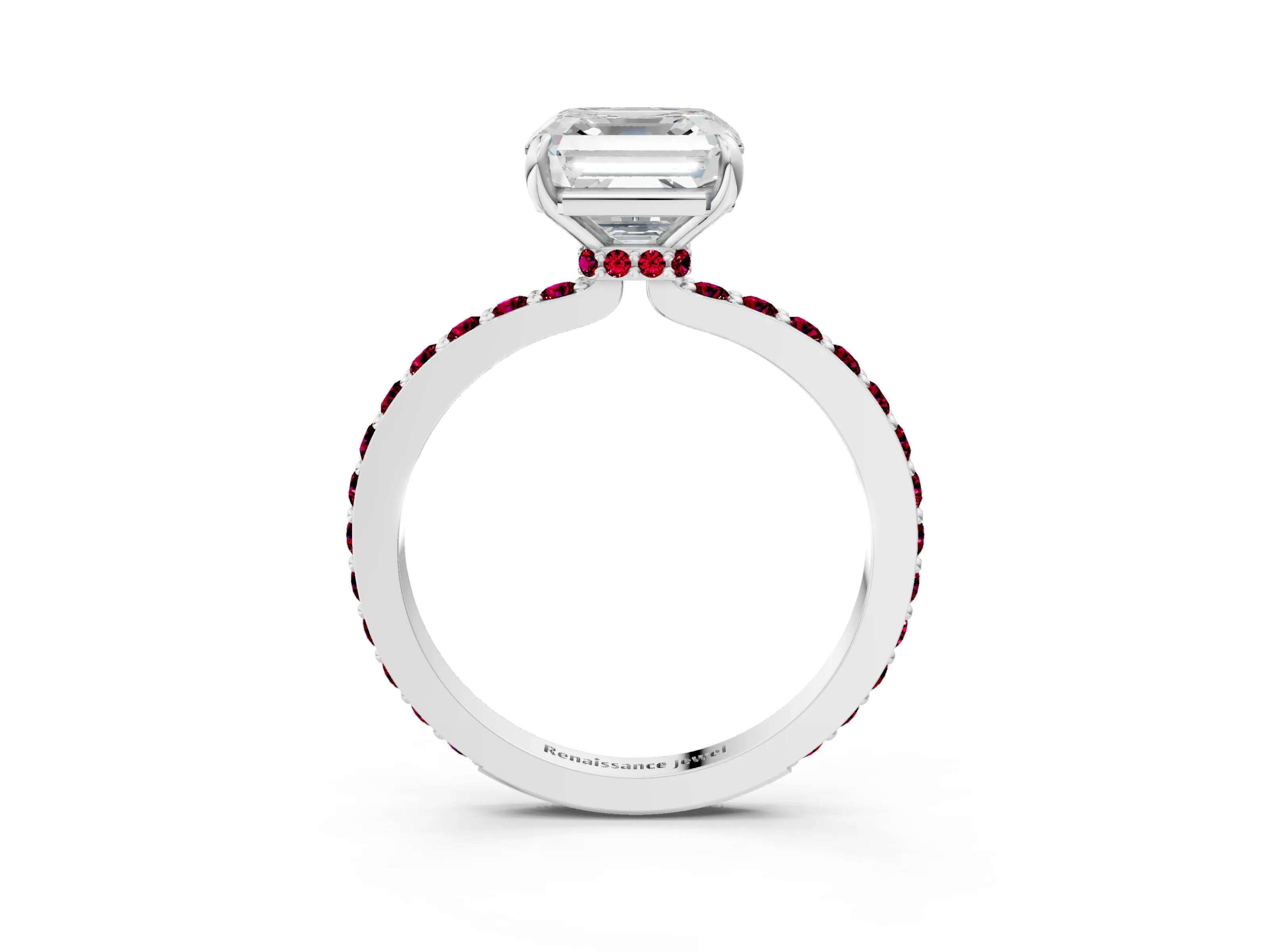 White gold Asscher Cut Diamond Pavé Engagement Ring with Round with Garnet side stone Accents and Prong Setting_15
