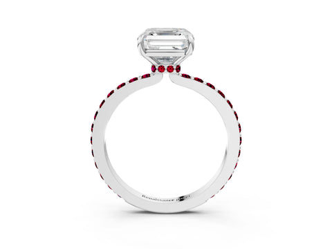 White gold Asscher Cut Diamond Pavé Engagement Ring with Round with Garnet side stone Accents and Prong Setting_15