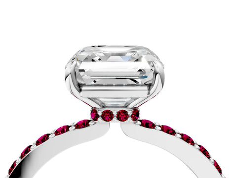 White gold Asscher Cut Diamond Pavé Engagement Ring with Round with Garnet side stone Accents and Prong Setting_4
