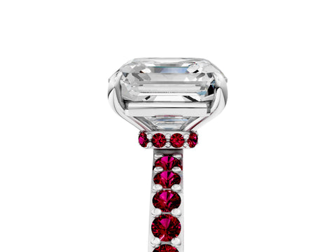 White gold Asscher Cut Diamond Pavé Engagement Ring with Round with Garnet side stone Accents and Prong Setting_5