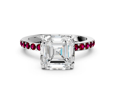 White gold Asscher Cut Diamond Pavé Engagement Ring with Round with Garnet side stone Accents and Prong Setting