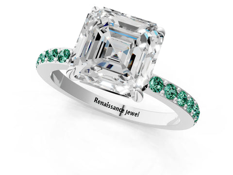 White gold Asscher Cut Diamond Pavé Engagement Ring with Round with Green Sapphire side stone Accents and Prong Setting_13