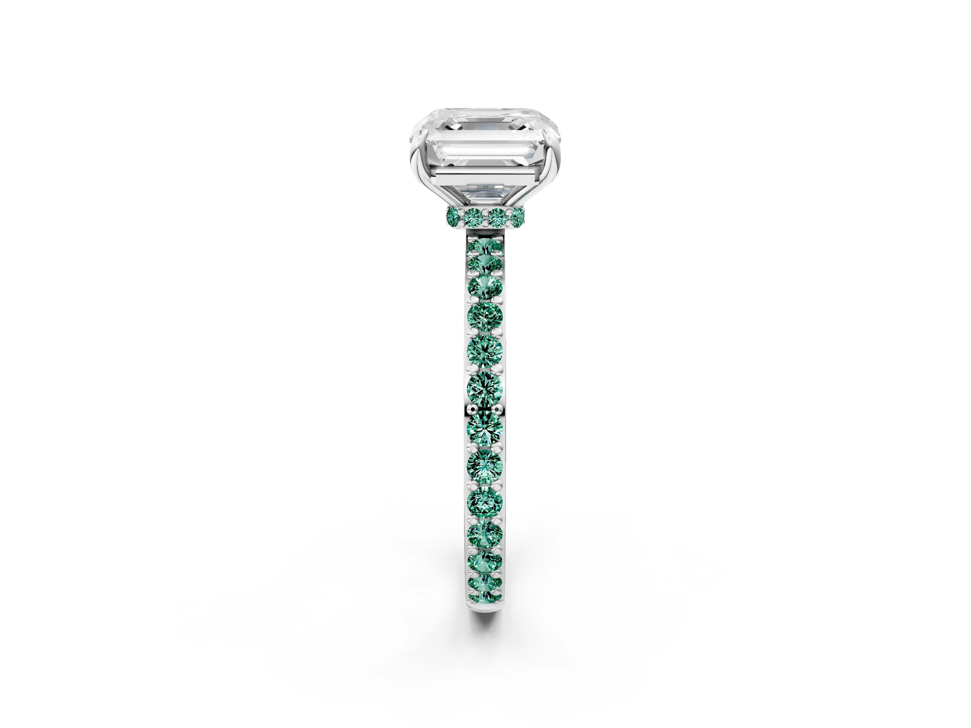 White gold Asscher Cut Diamond Pavé Engagement Ring with Round with Green Sapphire side stone Accents and Prong Setting_2