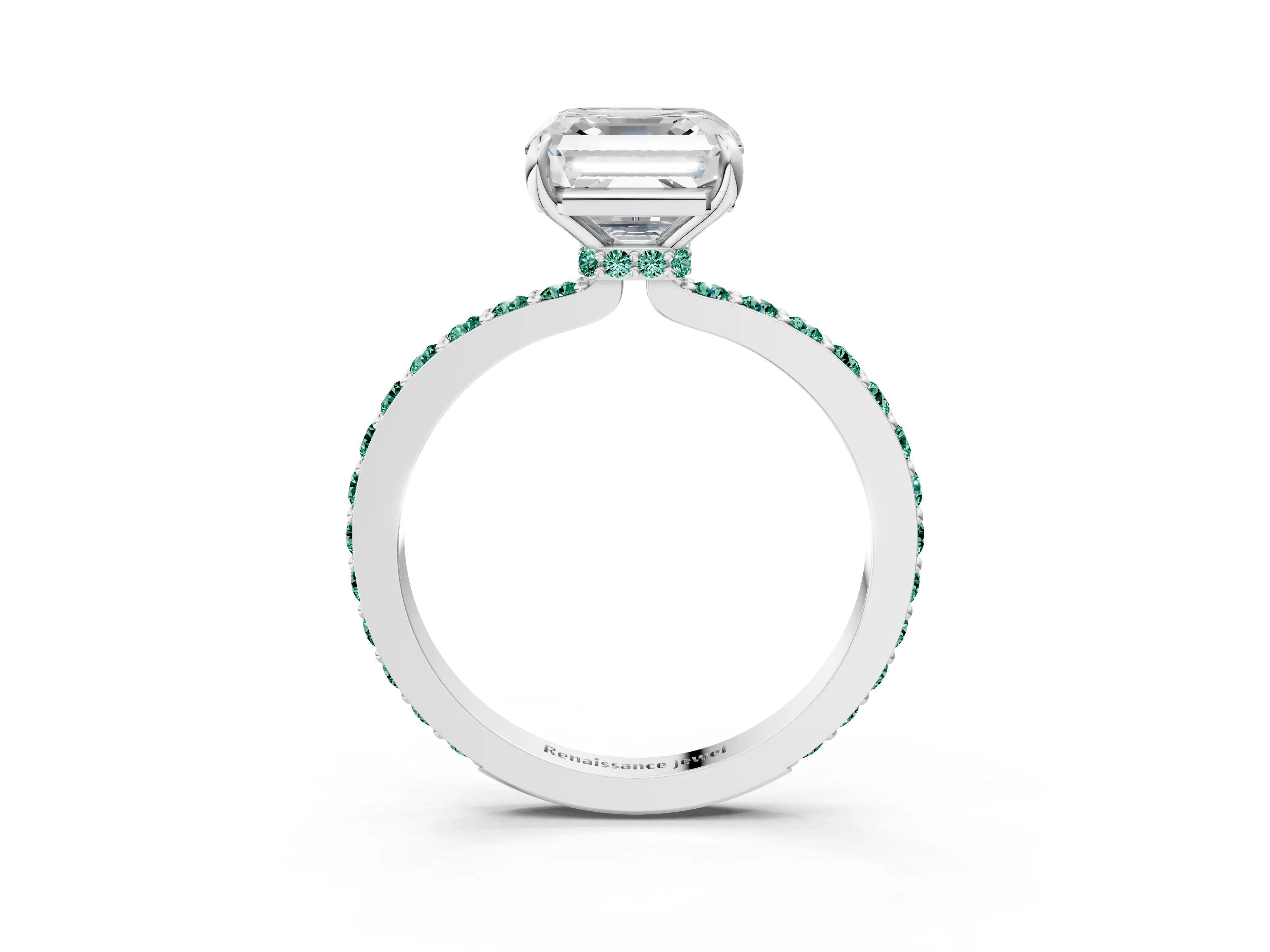 White gold Asscher Cut Diamond Pavé Engagement Ring with Round with Green Sapphire side stone Accents and Prong Setting_3
