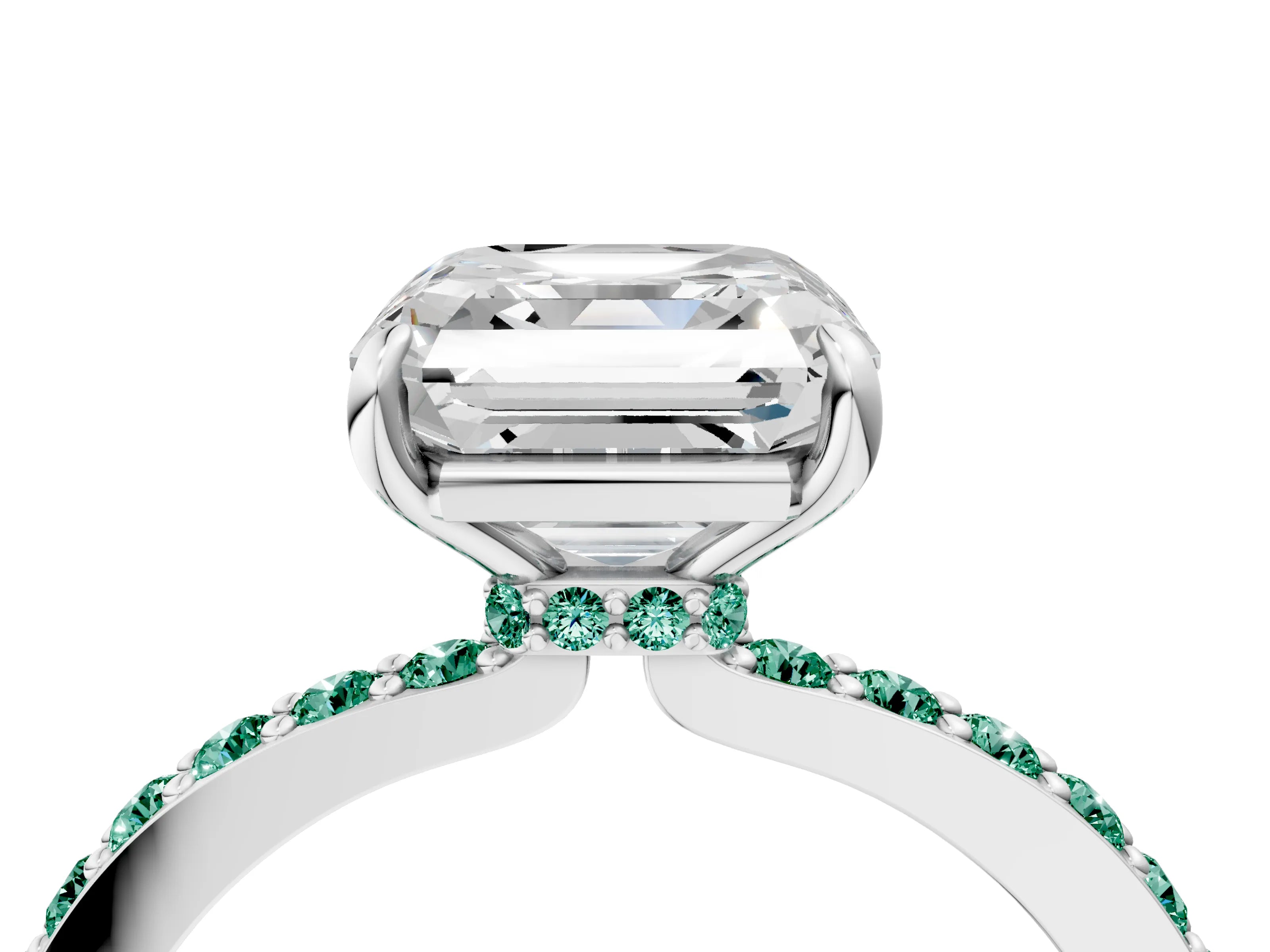 White gold Asscher Cut Diamond Pavé Engagement Ring with Round with Green Sapphire side stone Accents and Prong Setting_4
