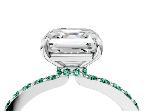 White gold Asscher Cut Diamond Pavé Engagement Ring with Round with Green Sapphire side stone Accents and Prong Setting_4