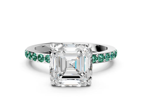 White gold Asscher Cut Diamond Pavé Engagement Ring with Round with Green Sapphire side stone Accents and Prong Setting