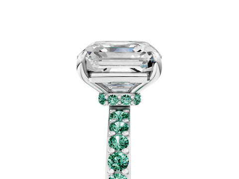White gold Asscher Cut Diamond Pavé Engagement Ring with Round with Green Sapphire side stone Accents and Prong Setting_5