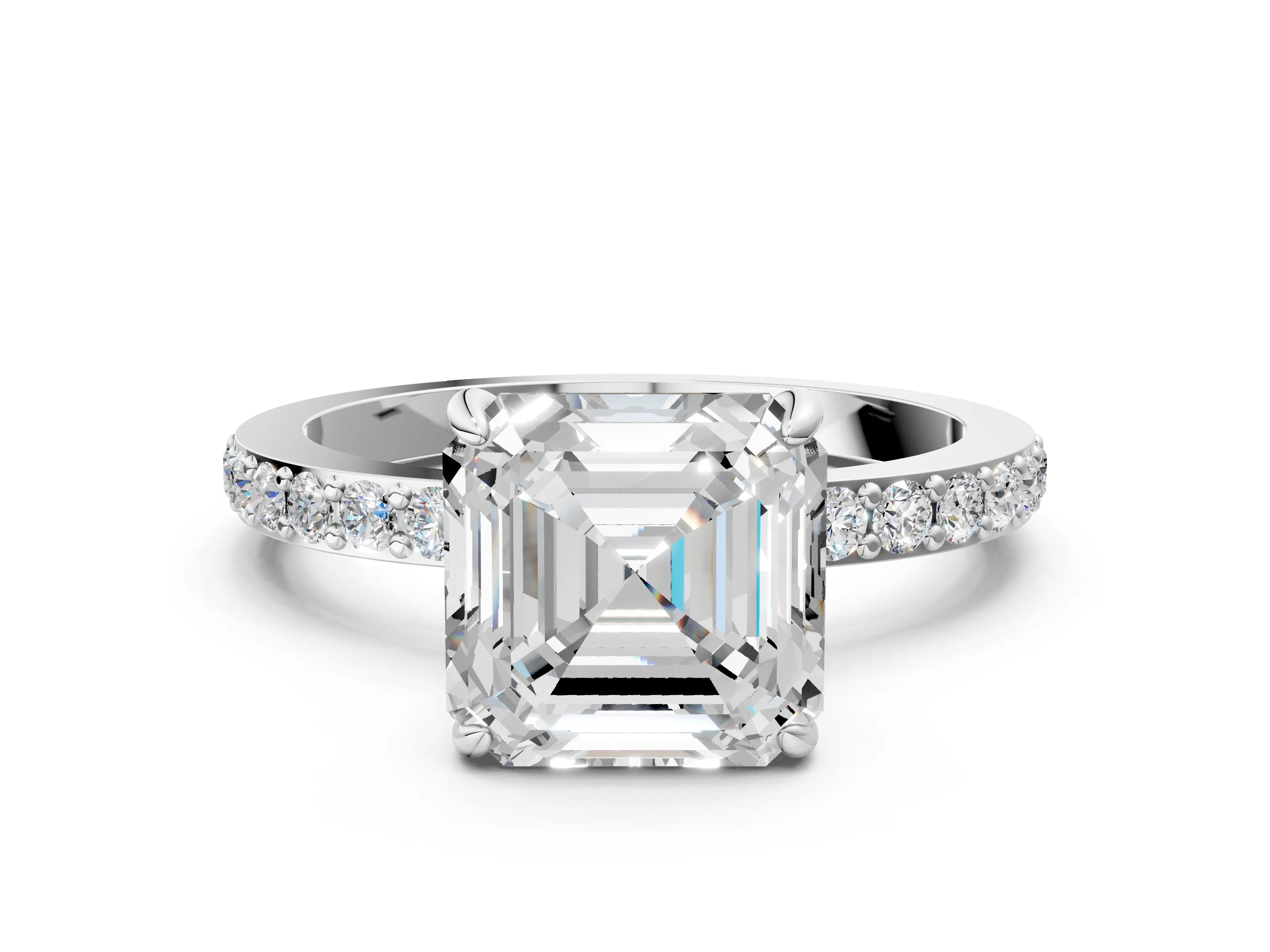 White gold Asscher Cut Diamond Pavé Engagement Ring with Round with Moissanite side stone Accents and Prong Setting_12