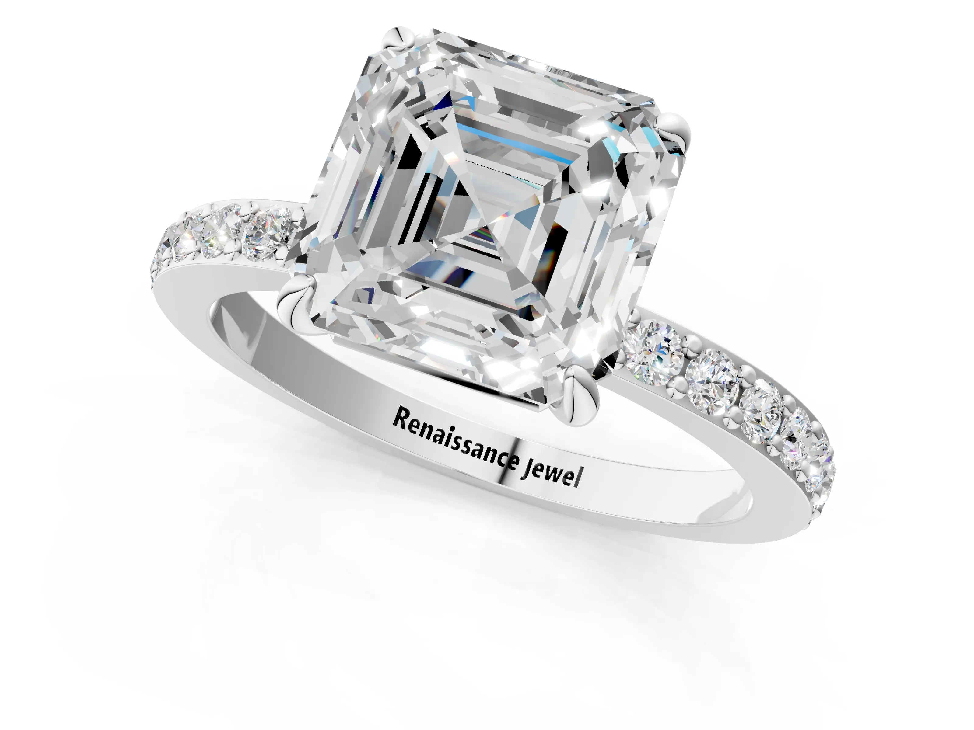 White gold Asscher Cut Diamond Pavé Engagement Ring with Round with Moissanite side stone Accents and Prong Setting_13