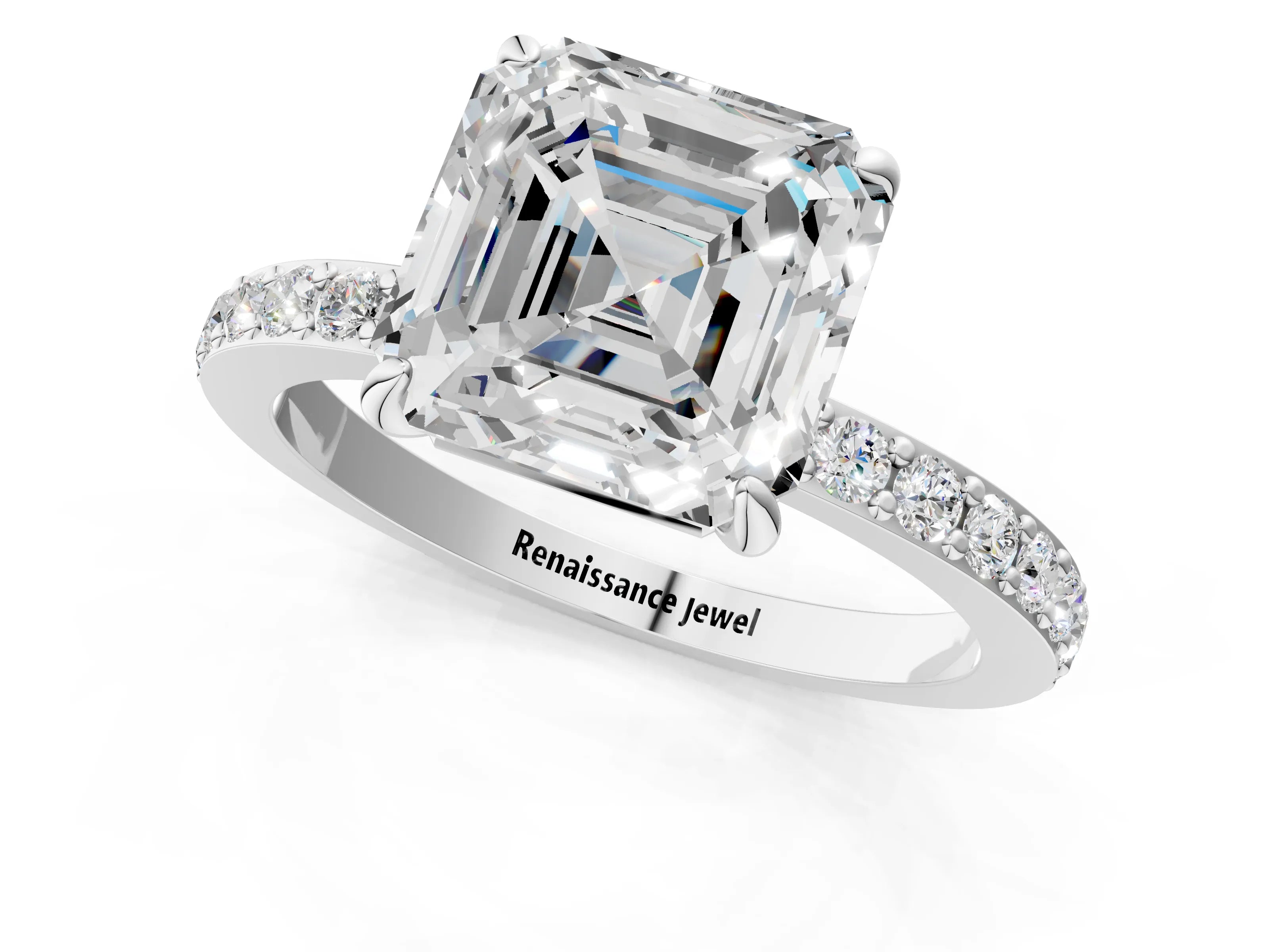 White gold Asscher Cut Diamond Pavé Engagement Ring with Round with Moissanite side stone Accents and Prong Setting_13
