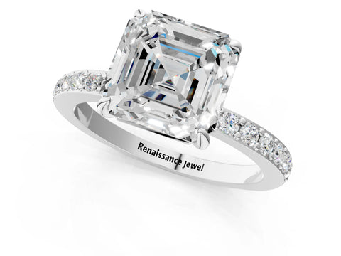 White gold Asscher Cut Diamond Pavé Engagement Ring with Round with Moissanite side stone Accents and Prong Setting_13