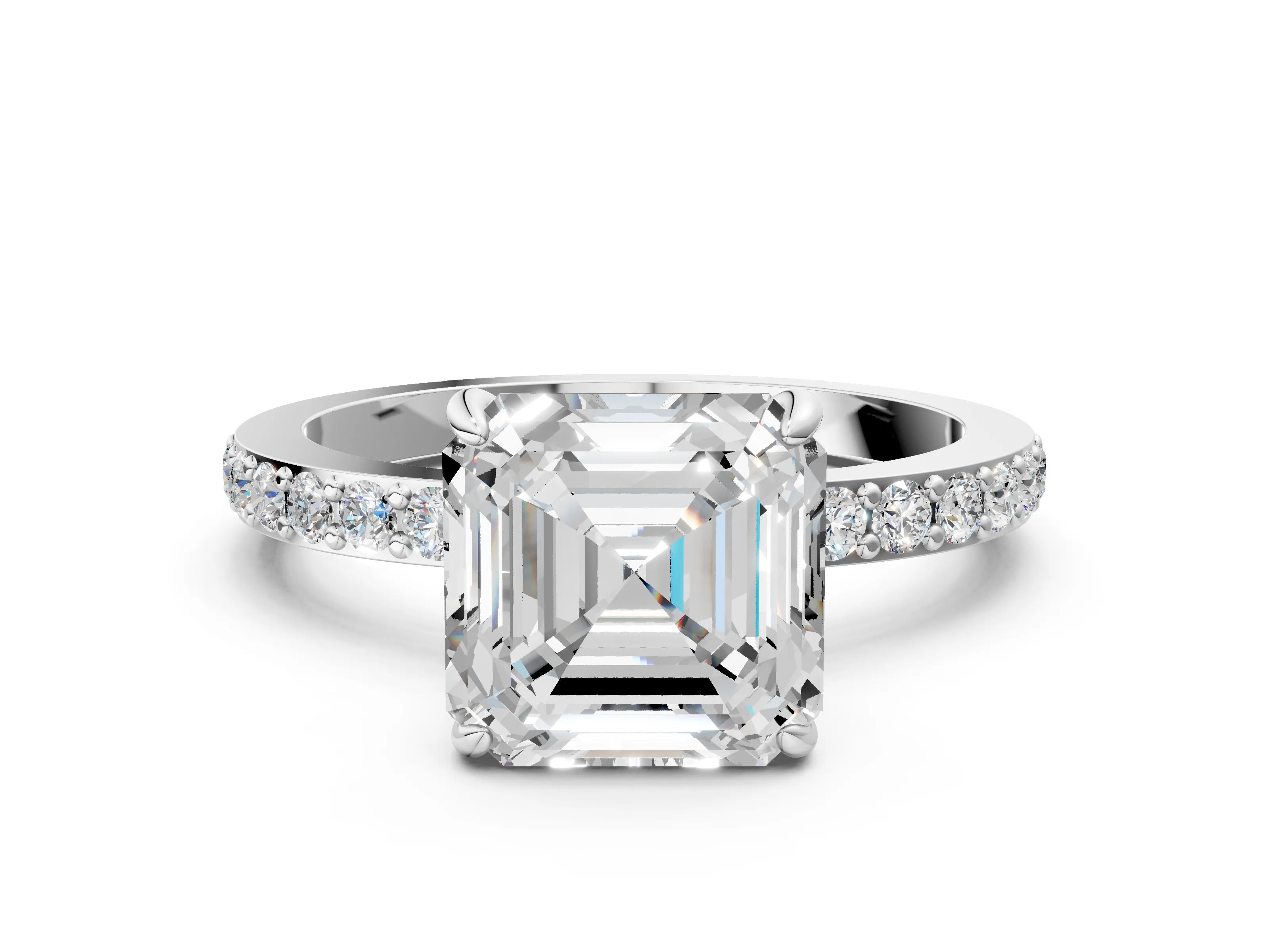 White gold Asscher Cut Diamond Pavé Engagement Ring with Round with Moissanite side stone Accents and Prong Setting_24
